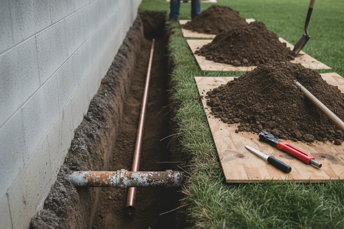 Excavated water line trench during Sewer Line Repair in Natural Bridge